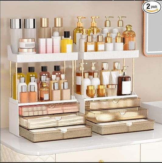 2 Pack Bathroom Organizers and Storage - 3 Drawers 2 Tier Makeup Organizer, Cosmetic Storage Drawer for Dresser Countertop and Bathroom Vanity for Large Skincare, Perfume, Amber