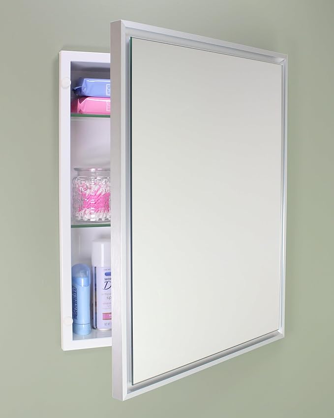 Fox Hollow Furnishings 16x20 Parker Metro Metal Framed Rectangle Recessed Bathroom Medicine Cabinet, Floating Mirror, 14x18 in-Wall Opening, Adjustable Glass Shelves, Magnet Close, Brushed Nickel