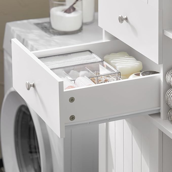 SoBuy Tall Tilt-Out Laundry Hamper Cabinet with Removable Basket and Shelves, Freestanding Laundry Storage Cabinet for Laundry Room or Bathroom, Modern White Laundry Furniture BZR104-W