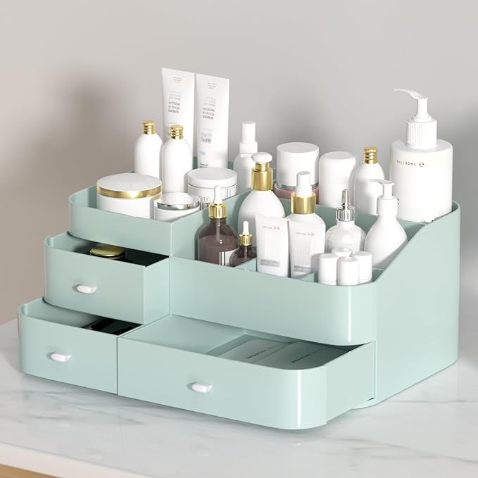 MIUOPUR Makeup Organizer for Vanity, Large Capacity Desk Organizer with Drawers for Cosmetics, Lipsticks, Jewelry, Nail Care, Skincare, Ideal for Bedroom and Bathroom Countertops - Large Green