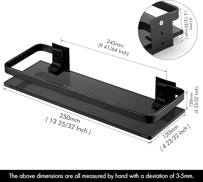 KES Aluminum Glass Bathroom Shelf, Black Extra Thick Tempered Glass Rectangular, 1 Tier Floating Shelf Wall Mounted, BGS4126A-BK