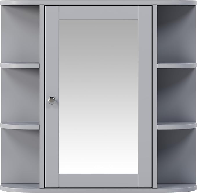 Merax Bathroom Wall Storage Cabinet with Mirror, 26 Inch Medicine Cabinet with Mirror Doors & Adjustable Wood Shelf, Space-Saving Modern Mounted Storage Cabinets with 6 Open Shelves, Gray
