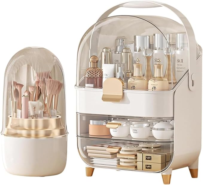 Makeup Organizer Countertop, Makeup Brush Holder with Lid & Drawers, Bathroom Vanity Organizer and Storage, Make Up Organizer for Vanity, Skincare Organizer Gifts for Girls, Wife, Mom