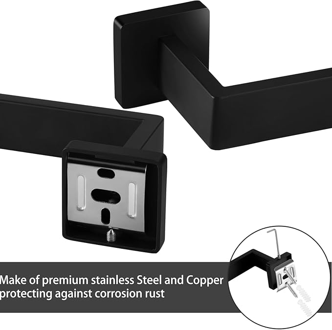 Bathroom Hardware Set Square,5 Pieces Bathroom Hardware Accessories Set Includs16 inch Towel bar, Towel Ring, Toilet Paper Holder, Towel Hooks (Black-5PCS-16Inch)