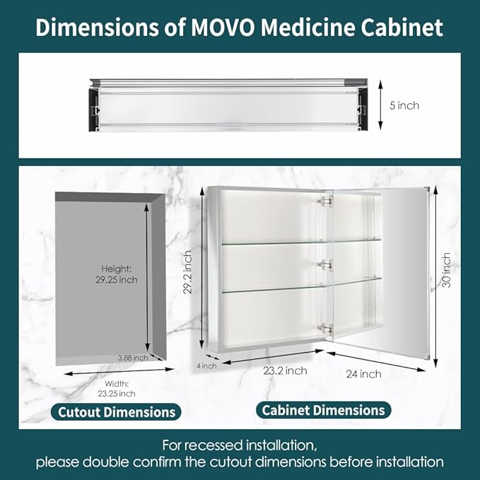 Movo Medicine Cabinet with Mirror, 24 Inch x 30 Inch Aluminum Mirror Cabinet with Single Door, Bathroom Medicine Cabinet, Surface Mount or Recess Installation