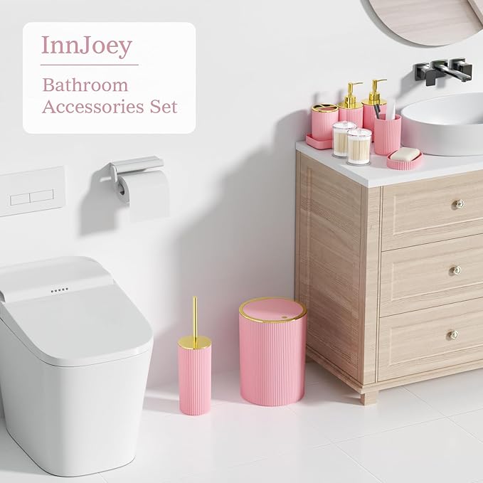 Light Pink Bathroom Accessories Set, 10PC Bathroom Set, Bath Accessory with Pop Up Trash Can, Soap Dispenser, Toilet Brush, Toothbrush Set Qtip Holders & Tray