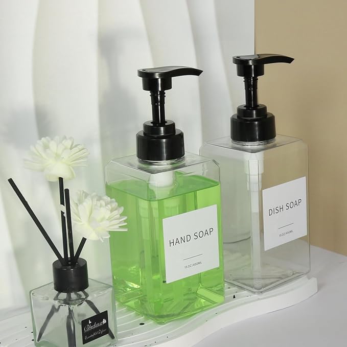 Clear Soap Dispenser with Waterproof Labels, Thickened Plastic Hand Soap Dispenser for Bathroom, Kitchen Dish Washing Liquid Bottles, Shampoo and Conditioner Bottles with Funnel (15oz 2Pack Clear)