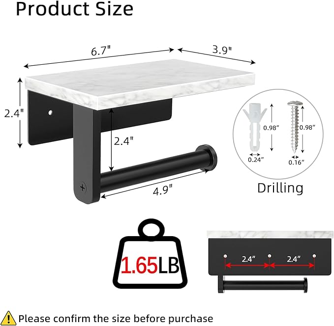Gypie Marble Toilet Paper Holder with Shelf, 304 Stainless Steel Screw Wall Mounted, Tissue Roll Holder for Bathroom Washroom Matte Black