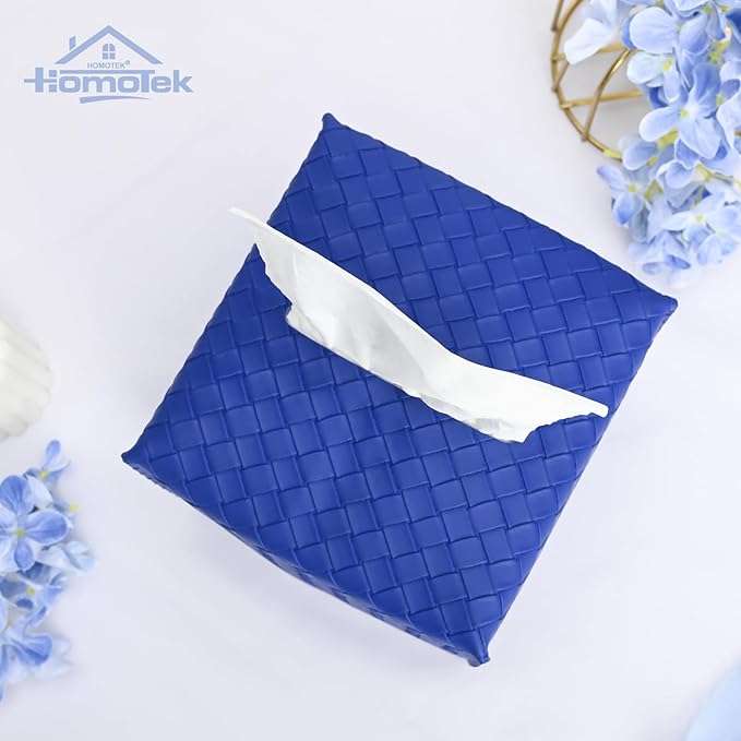 HOMOTEK 2 Pack Tissue Box Cover, Square PU Leather Tissue Holder, Decorative Facial Tissue Cube Paper Organizer Dispenser for Bathroom, Night Stands, Desk, Car 5X5X5'' - Woven Waffle,Blue