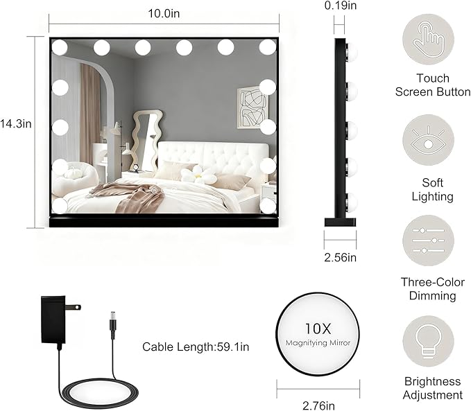 Lighted Vanity Mirror, Hollywood Style, 14.5 Inch LED Makeup Mirror, White/Black, Metal Frame, 10x Magnification, 3 Dimming Modes, Smart Touch Control (Black)