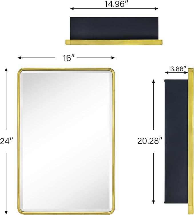 TEHOME Surface Mount 16x24 Brushed Gold Bathroom Medicine Cabinet with Mirror Gold Metal Framed Rounded Rectangle Medicine Cabinet with Beveled Mirror