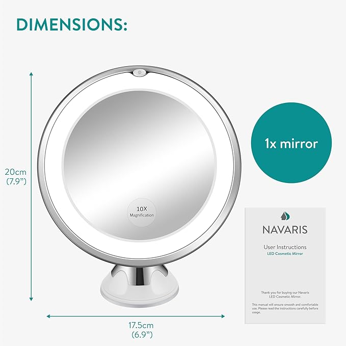 Navaris LED Magnifying Mirror with Lights - Powerful 10x Magnification for Makeup - Illuminated and Magnified Make Up Mirror with Light and Secure Suction Cup for Easy Attachment