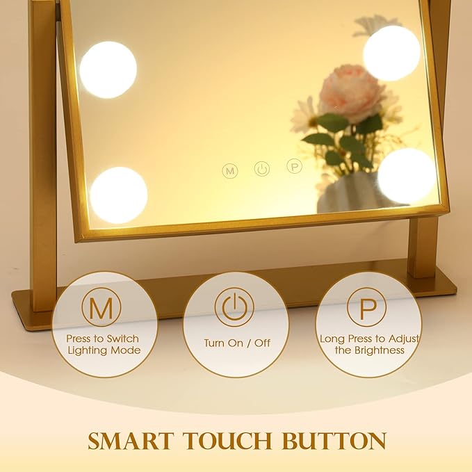 BWLLNI Vanity Mirror with Lights, Hollywood Mirror Lighted Makeup Mirror with 9 LED Bulbs, Touch Control Design 3 Colors Dimmable Bulbs Detachable 10X Magnification 360°Rotation(Gold)
