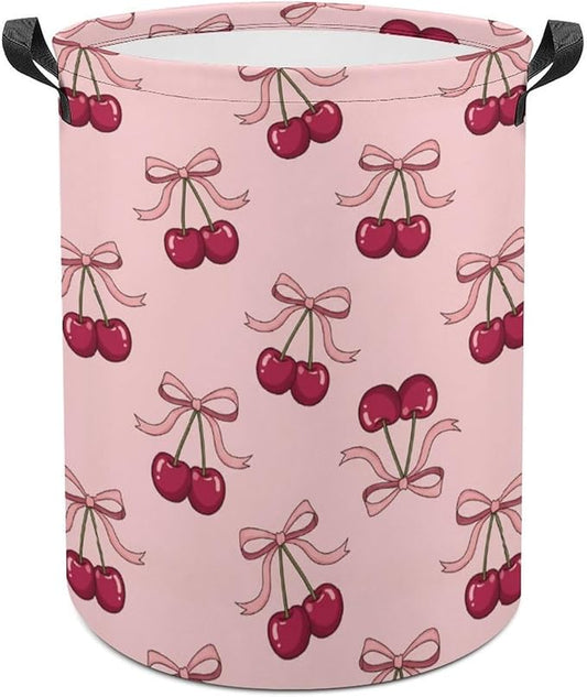 Pink Laundry Basket Cherry Decor Bow Laundry Hamper Clothes Toy Storage Bin for Bedroom Bathroom
