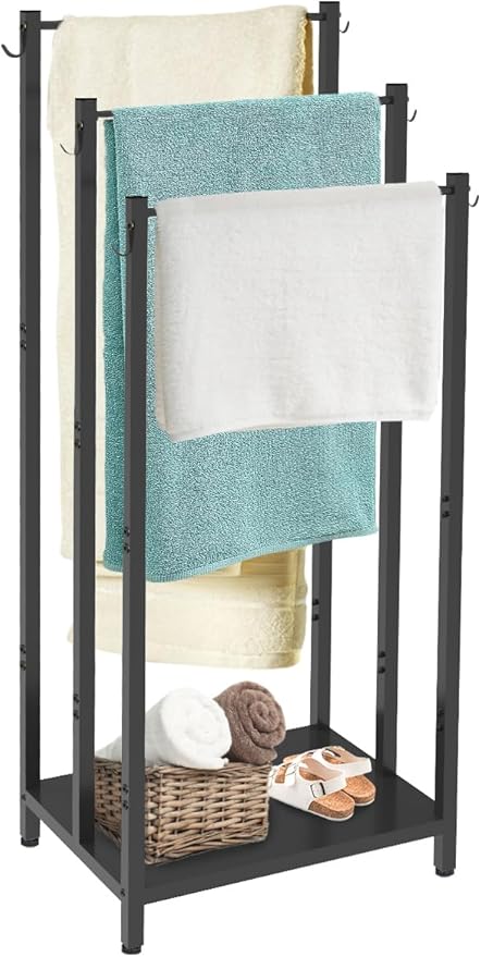 44 Inch Tall Free Standing Towel Rack with Metal Storage Shelf & 6 Hooks for Bathroom, 3 Tiers Heavy Duty Blanket Drying Stand Holder for Outdoor Pool, Bedroom, Living Room, Black