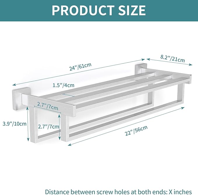 Double Towel Bar, 24 Inch Towel Racks for Bathroom Wall Mounted, Bathroom Towel Rack, Towel Rack with Shelf, Stainless Steel Hand Towel Hanger, Bath Towel Holder for Wall, Brushed Nickel