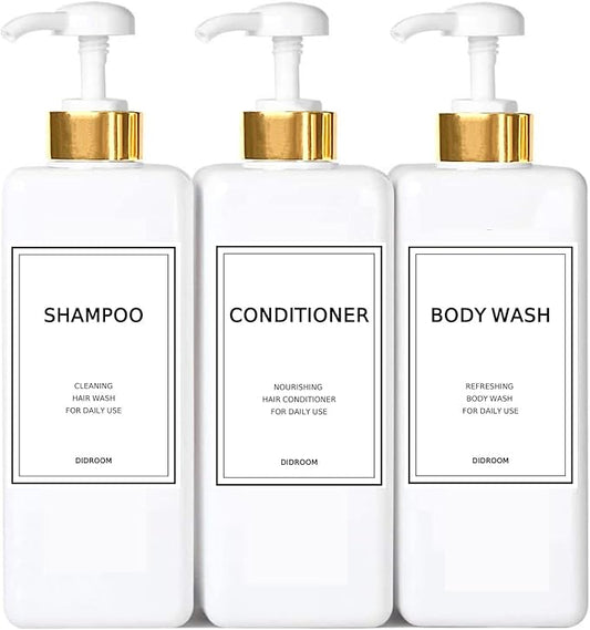 DIDROOM Modern Gold Shampoo and Conditioner Dispenser (21 oz,Pack of 3) Refillable Pump Bottle Set Empty Shower Plastic Bottles with for Bathroom Body Wash Soap Shower,3 Types Labels,Gold&white