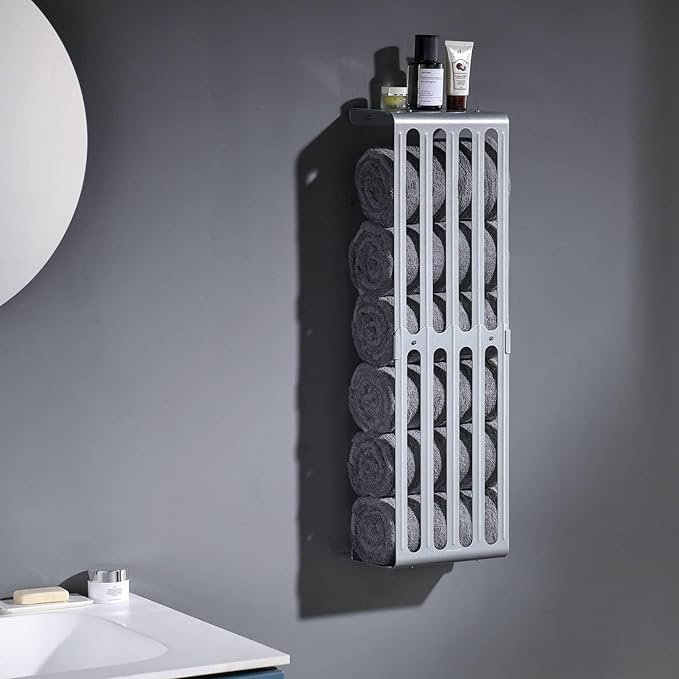 simpletome Towel Storage Rack Adjustable Height Wall Mount Bathroom Shelf Organizer Carbon Steel (Silver Grey)