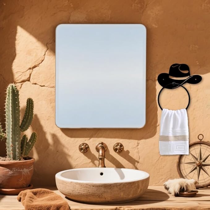 MAYJOYDIY Cowboy Hat Metal Towel Ring Round Hat Hand Towel Holder Ring Hanger Wall Mount Black Vintage Towels Wall Organizer for Kitchen Bath Home Laundry Room Decors Gifts