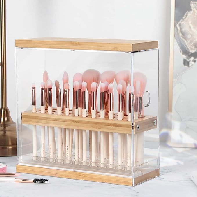 JACKCUBE DESIGN Bamboo Makeup Brush Holder Organizer With Transparent Drawer - 29 Holes Beauty Cosmetic Display Stand (8.77 x 3.38 x 8.46 Inches) - MK228C