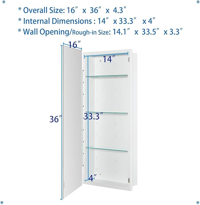IDYLLOR Bathroom Medicine Cabinet with Beveled Edge Mirrored Door 16 x 36 inch, Recessed or Surface Mount, with Adjustable Glass Shelves