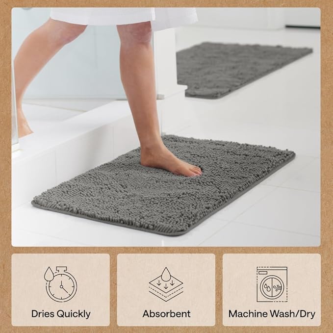 GORILLA GRIP Bath Rug Mat 48x24, Soft Absorbent Chenille, Quick Dry Microfiber Mats, Rubber Backing Washable Shower Floor Rugs, Bathmat Runner, US Designed Bathroom Home Decor Accessories Charcoal