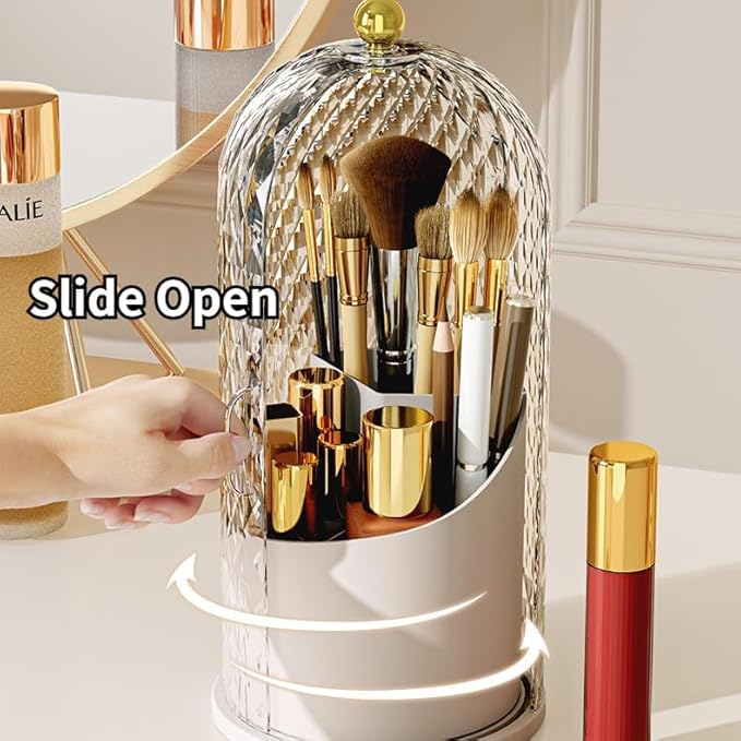 Makeup Brush Holder Organizer with 360° Rotating Lid Dustproof Makeup Brushes Organizer for Vanity Desktop Bathroom Countertop Clear Cover Easy Visibility (White)