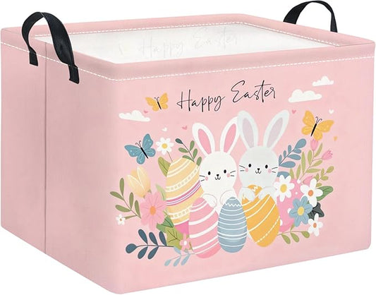 Rectangular Easter Basket for Home Kitchen Baby Girls Basket Cute Storage Bin Organizer Shelf Book Room Decor(Pink Easter)