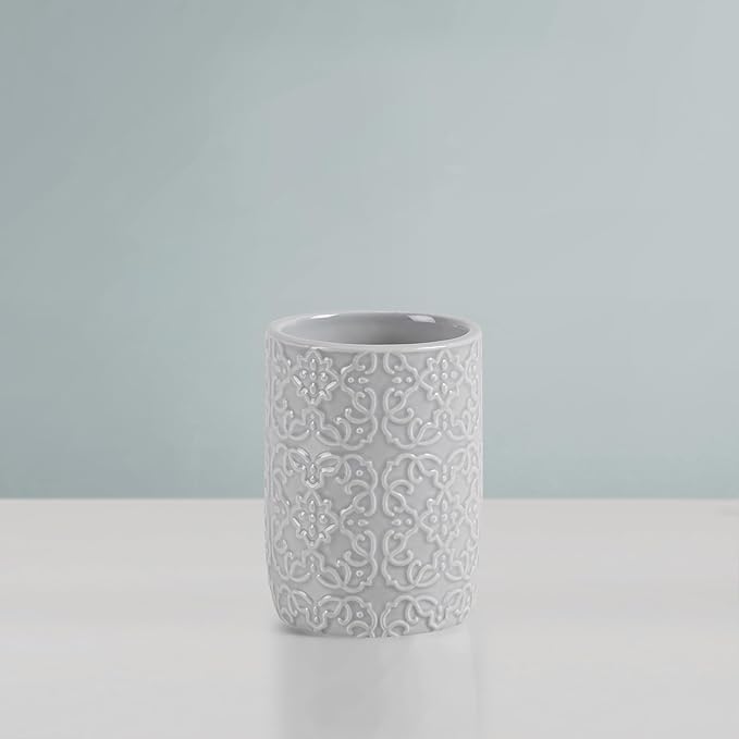 Martha Stewart Ceramic Bathroom Accessories Set, Vanity Decor Storage Organizer, Embossed Damask Medallion, Lotion/Soap Dispenser, Toothbrush Holder, Tumbler, Trinket Dish, Assorted Sizes Grey