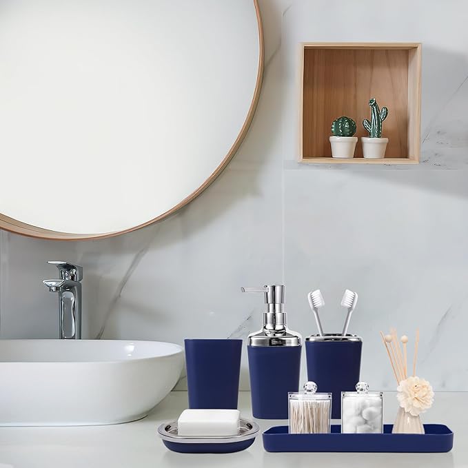 XLHOMO Navy Blue Bathroom Accessories Set, 9-Piece Plastic Gift Set with Trash Can, Toothbrush Holder, Toothbrush Cup, Soap Dispenser, Soap Dish, Toilet Brush Holder,2 Qtip Holder Dispensers and Tray