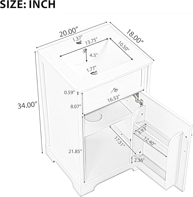 20 in Small Bathroom Vanity with Sink,Soft Closing Door and Adjustable Shelf, Solid Wood Frame & MDF Modern Single Bathroom Sink Cabinet,Freestanding (Black)