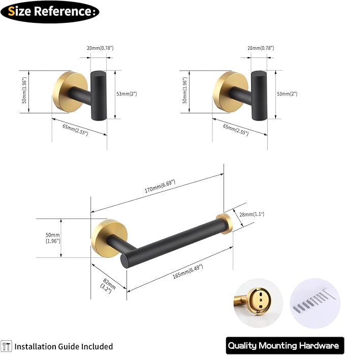 GERZWY Bathroom 3-Pieces Hardware Accessories Sets Stainless Steel - 2X Coat Hook Toilet Paper Holder (Black & Gold) AG1401B-BD