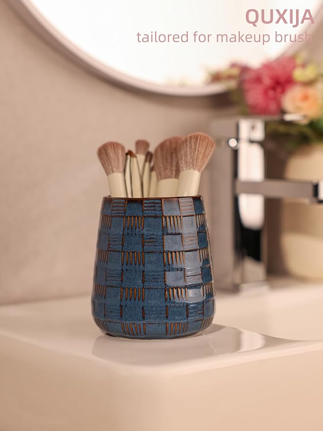 Ceramic Makeup Brush Holders, Bathroom Vanity and Countertop,Make up Brushes Cup for Cosmetics, Lipsticks, Bathroom Vanity Desktop Storage (Vintage Blue)
