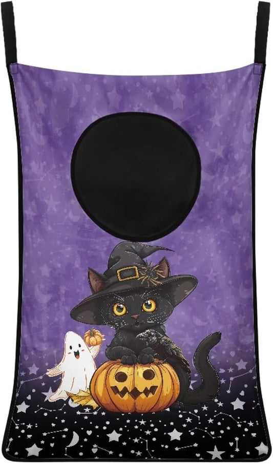 ZOUTAIRONG Hanging Hamper for Clothes Over the Door Laundry Hamper Laundry Basket Hanging Shelf Closet Storage Organizer Hamper Laundry Bag for Halloween, Black Cat Pumpkin