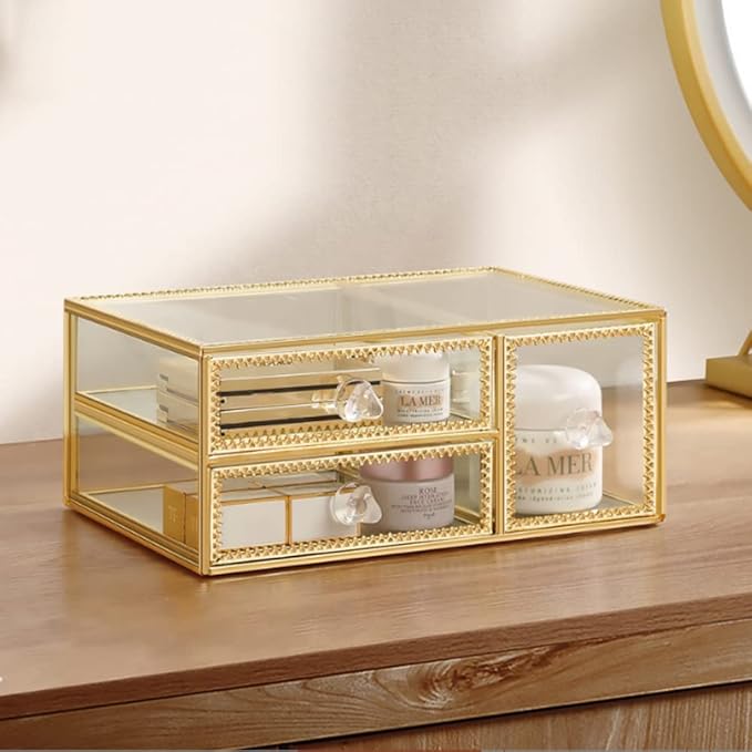 YUEHUA Makeup Organizer Glass Bathroom Countertop Vanity Cosmetic Organizer for Brushes Lipsticks Skincare
