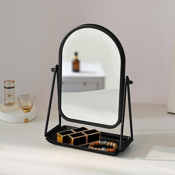 Desk Table Mirror Black Arch Desktop Vanity Mirror Iron Frame Make up Mirrors with 360 Degree Swivel Countertop Mirrors for Dressing Room Bathroom Bedroom Apartment