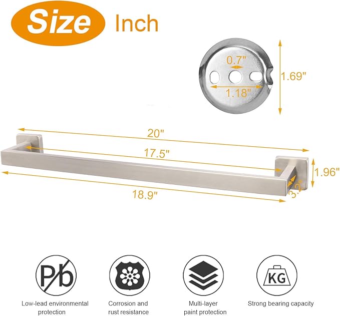 TocTen Bath Towel Rack - Square Base Thicken SUS304 Stainless Steel Towel Bar for Bathroom, Bathroom Accessories Towel Rod Heavy Duty Wall Mounted Towel Holder. (Brushed Nickel, 20)