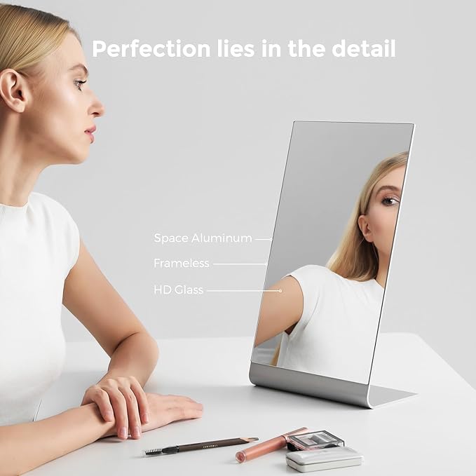 NEZZOE Frameless Makeup Mirror for Desk, 15 x 8.5 Inch Aluminum Standing Table Mirror, Large Counter Top Mirror