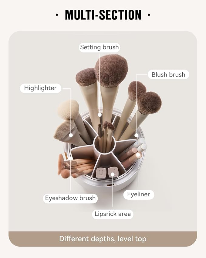 EACHY Makeup Brush Holder 360° Rotating with Dustproof Lid, Waterproof Material, 7 Compartments for Organized Storage, Stylish and Durable Design for Vanity (White)