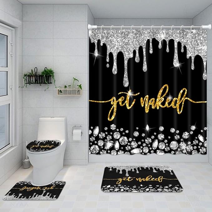 ArtSocket 4PC Gold Get Naked Shower Curtain Sets Diamond Bathroom Decor with Rugs, Non-Slip Rug,Toilet Lid Cover, Bath Mat and 12 Hooks 72x72 inches