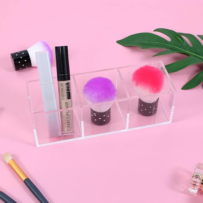 Acrylic Makeup Organizer 3 Section Clear 7.1x2.36x2.36 Inches Pen Holder 3 Compartments Pencil Organizer Cup Plastic Storage Organizer Plastic Square Cube for Makeup Jewelry Accessories