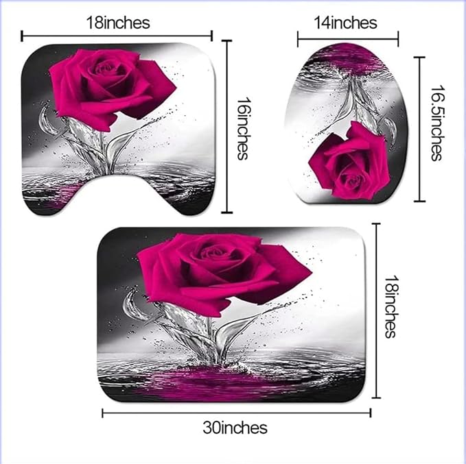 Rose Bathroom Sets with Shower Curtain and Rugs Water Rose Shower Curtain Set with Non-Slip Rugs,Bath Mat,Toilet Lid Cover and 12 Strong Hooks,Modern Style Shower Curtain for Bathroom
