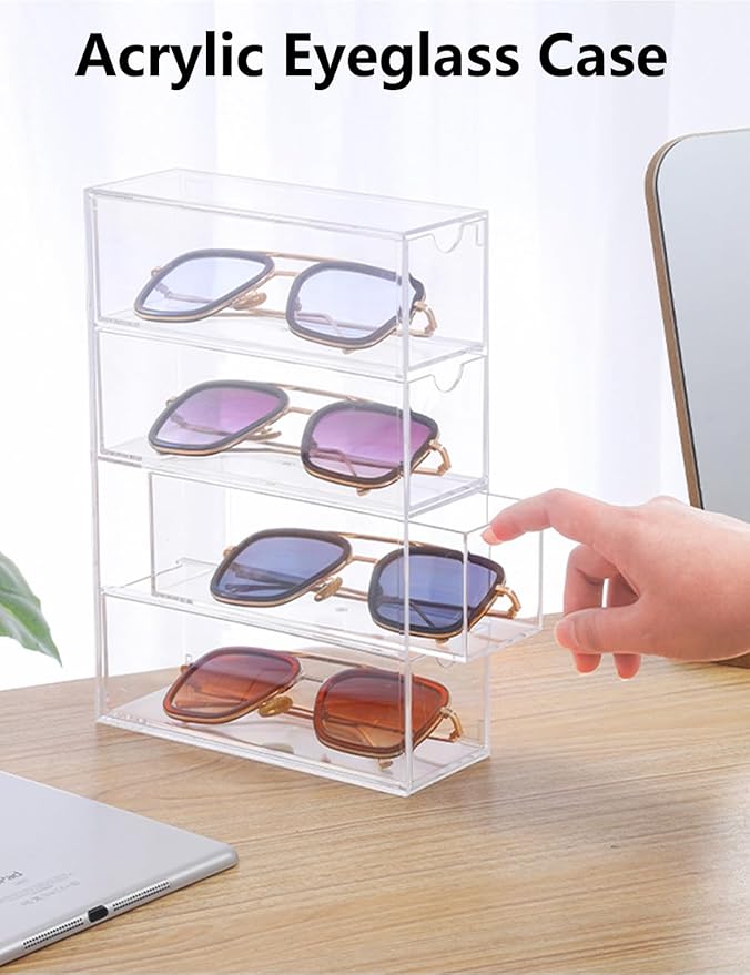 Stackable Organizer for Glasses, Sunglasses, Reading Glasses, 4 Drawers, Clear Acrylic Makeup Organizer for Cosmetic Storage and Organization