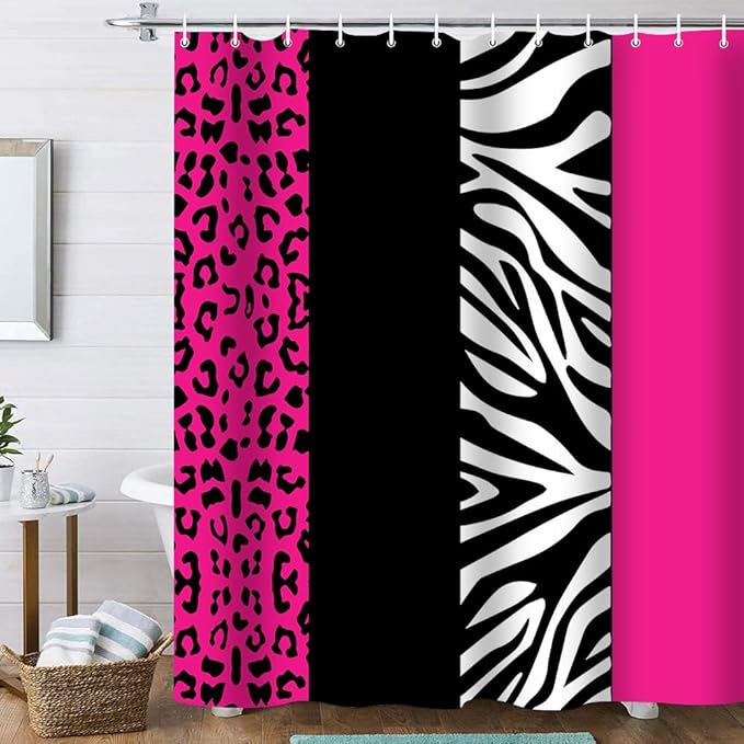 Onalasyc 4Pcs Rosy Leopard Shower Curtain with Rugs Set Waterproof Cheetah Print Bathroom Sets with Shower Curtain and Rugs Rosy Leopard Animal Print Bathroom Curtains Shower Set with 12 pcs Hooks