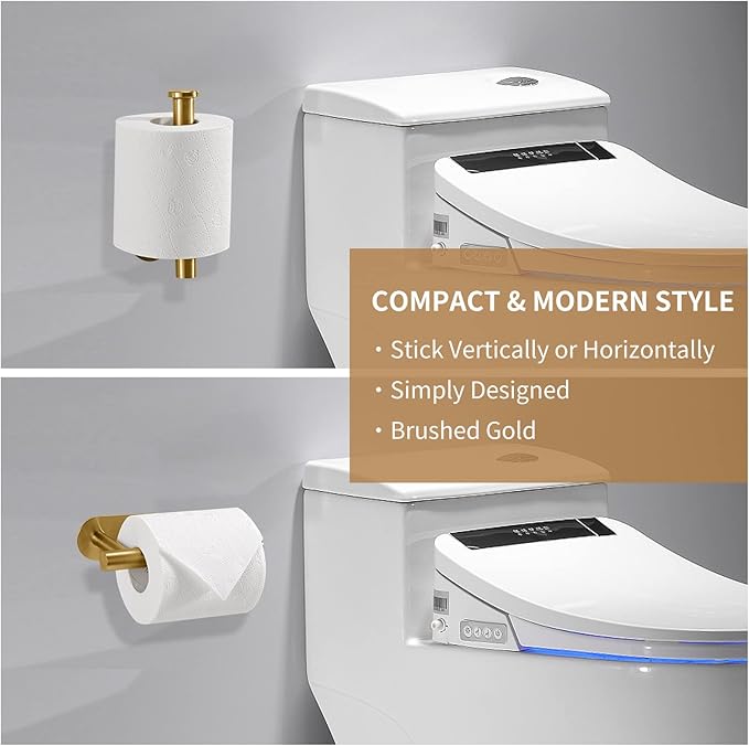 LAYUKI Toilet Paper Holder,Gold,Wall Mount, Upgraded Adhesive Toilet Roll Holder,no Drilling,Bathroom/Rv/Washroom,SUS 304 Stainless Steel,Rustproof (Gold, 1 Piece)