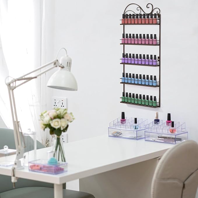 ERYTLLY Wall Mounted Nail Polish Rack, Rectangle Nail Storage Organizer, Salon Shelf Organizer (Brown)