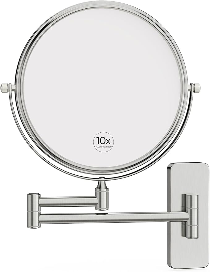 Nicesail Wall Magnifying Mirror Double-Sided, Make up Mirror for Bathroom Vanity Magnifying Wall Mount Makeup with 10X Magnification, Mountable Shaving Mirror Brushed Nickel Finish(8 Inch, 10X)