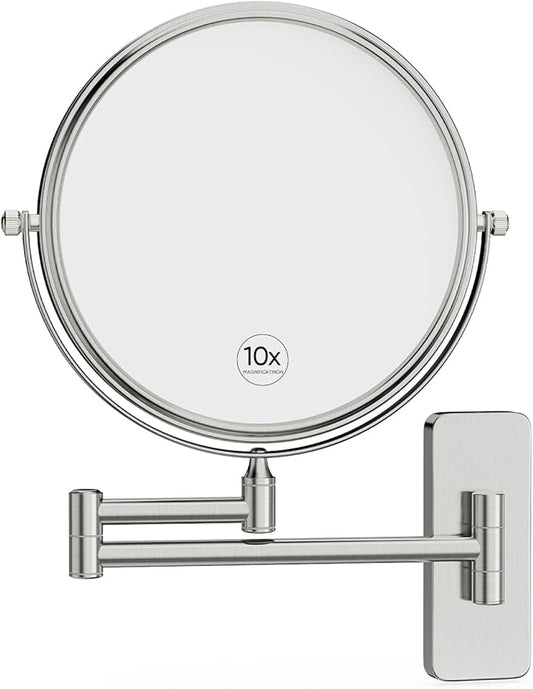 Nicesail Wall Magnifying Mirror Double-Sided, Make up Mirror for Bathroom Vanity Magnifying Wall Mount Makeup with 10X Magnification, Mountable Shaving Mirror Brushed Nickel Finish(8 Inch, 10X)