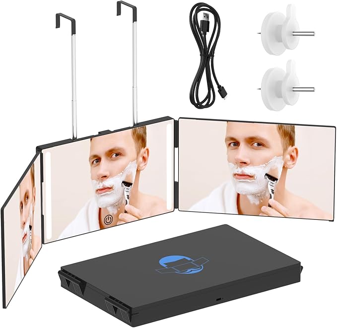 OLIBUY 3 Way Mirror with LED for Hair Cutting, Tri-fold Mirror for Shaver and Makeup, Adjustable Telescoping Hooks-with LED Version