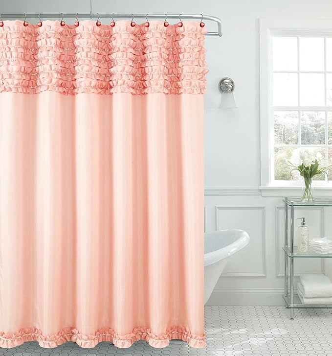 BH Home & Linen Beverly Hills Ruffle Premium Quality Fabric Shower Curtain 70" x 72 Made with 100% Polyester. (Miramar Peach)